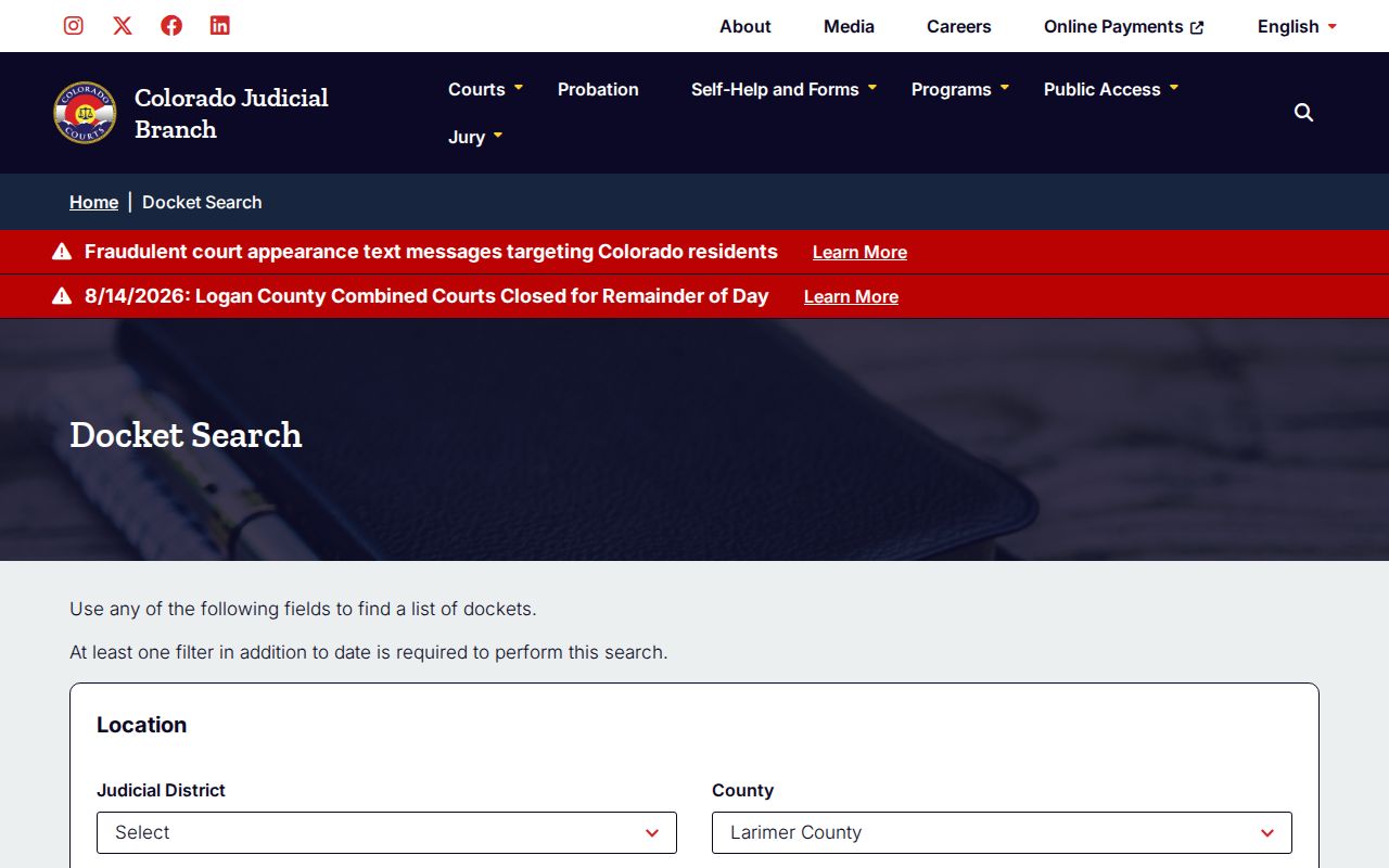 Larimer County court calendar docket search filters