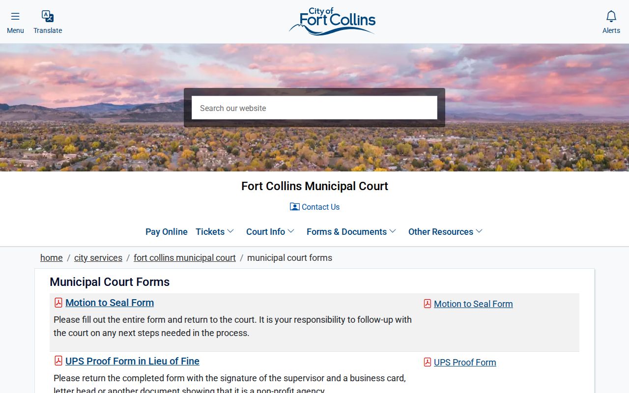 Fort Collins Larimer County municipal court record forms