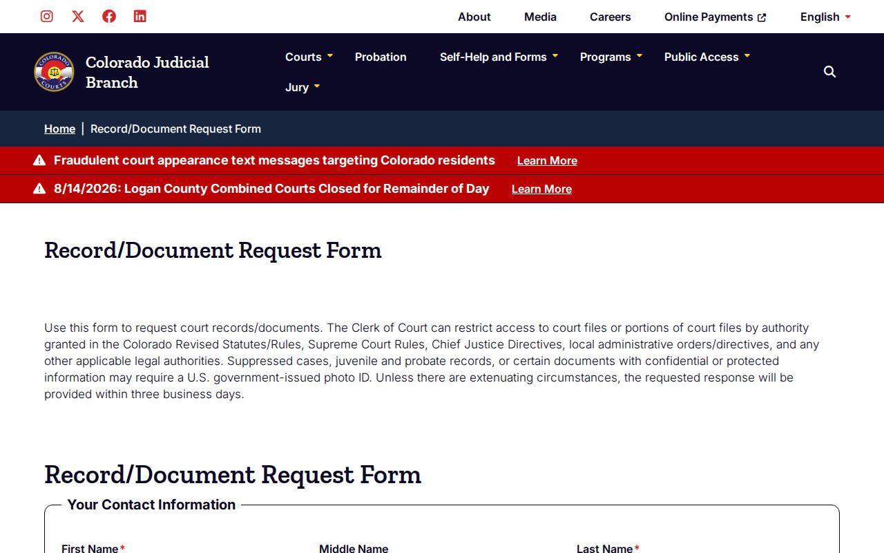 Larimer County court record request form